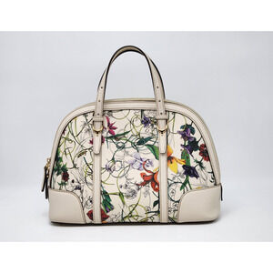 Auth Gucci Ivory Nice Floral Printed Leather Top Handle Satchel Bag